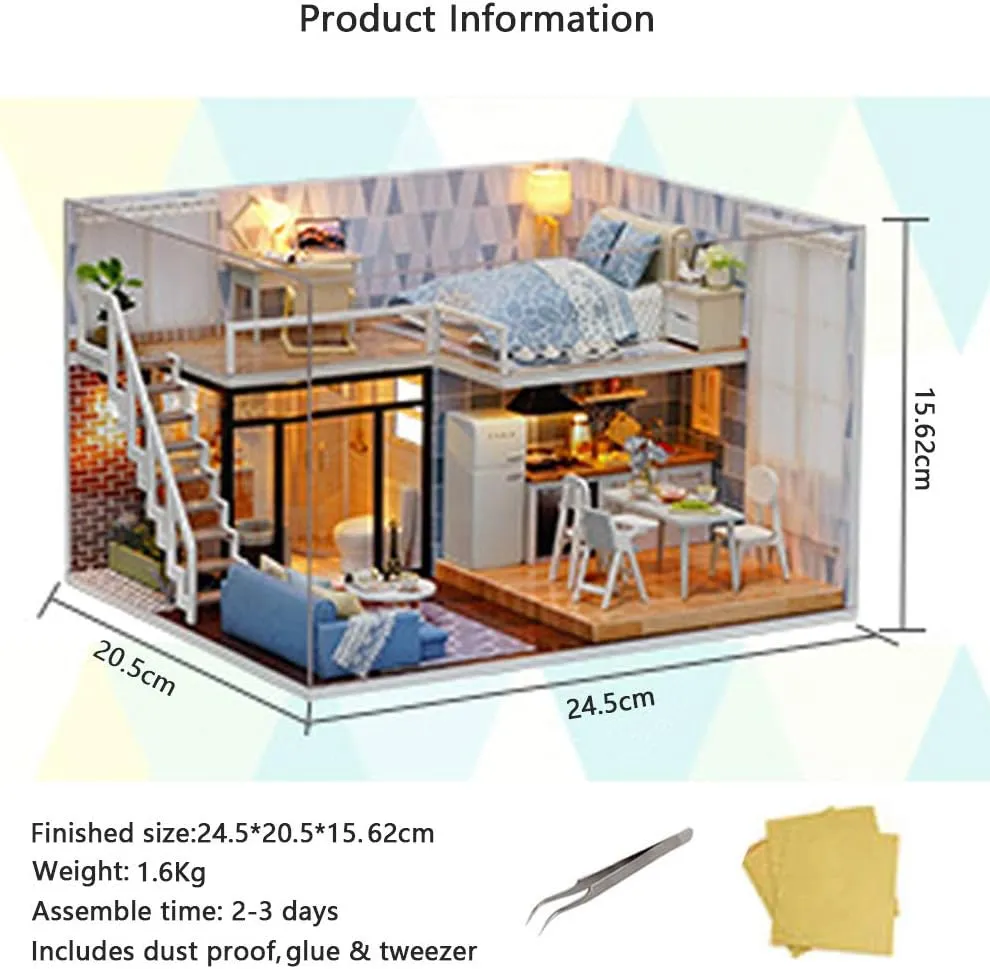 MAGQOO 3D Wooden Dollhouse Miniature DIY House Kit with Furniture,1:24 DIY Dollhouse Kit Dust Proof Included (Blue Times)