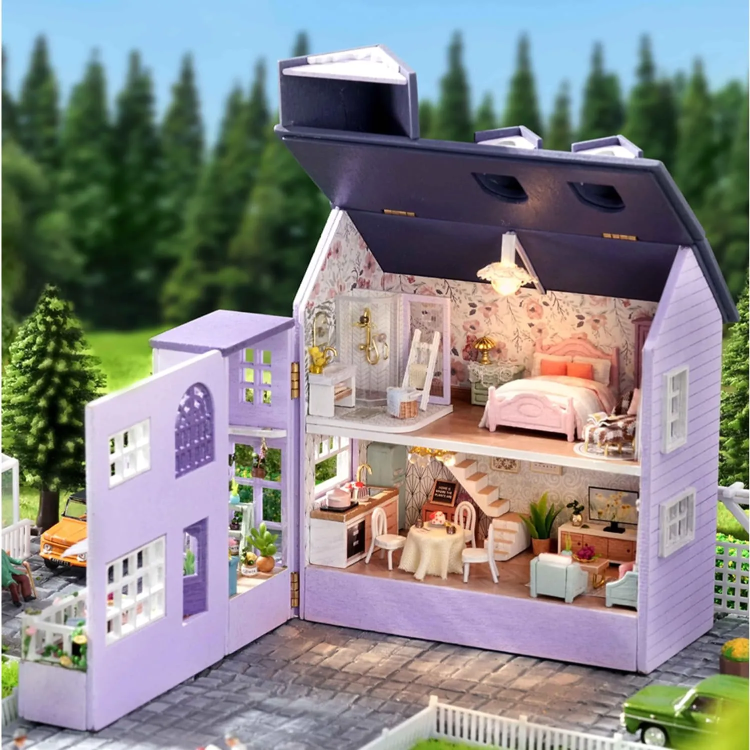 MAGQOO DIY Miniature Dollhouse Kit with Furniture 1:100 Scale Creative Room Mini Wooden Doll House Accessories DIY Miniature House Kit(Happy Manor)
