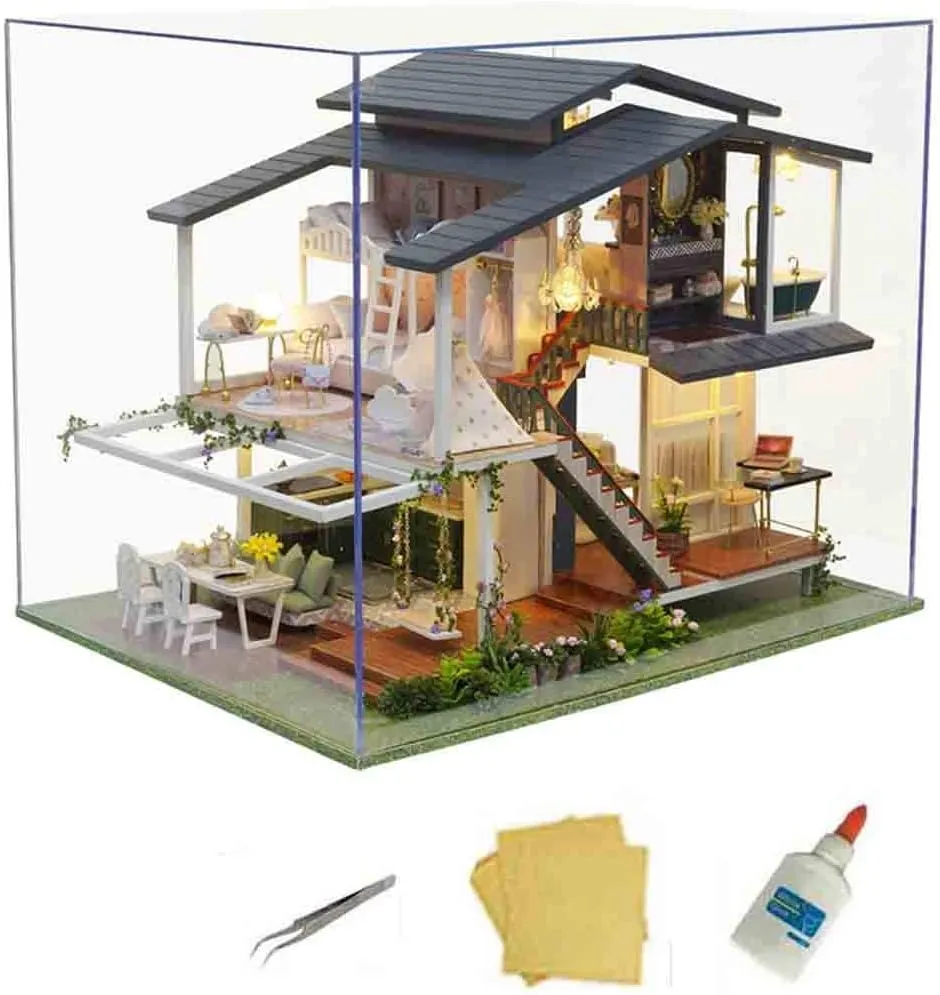 MAGQOO Dollhouse Miniature with Furniture, DIY Wooden Dollhouse Kit Plus Dust Proof, 1:24 Scale Creative Room Idea (Monet Garden)