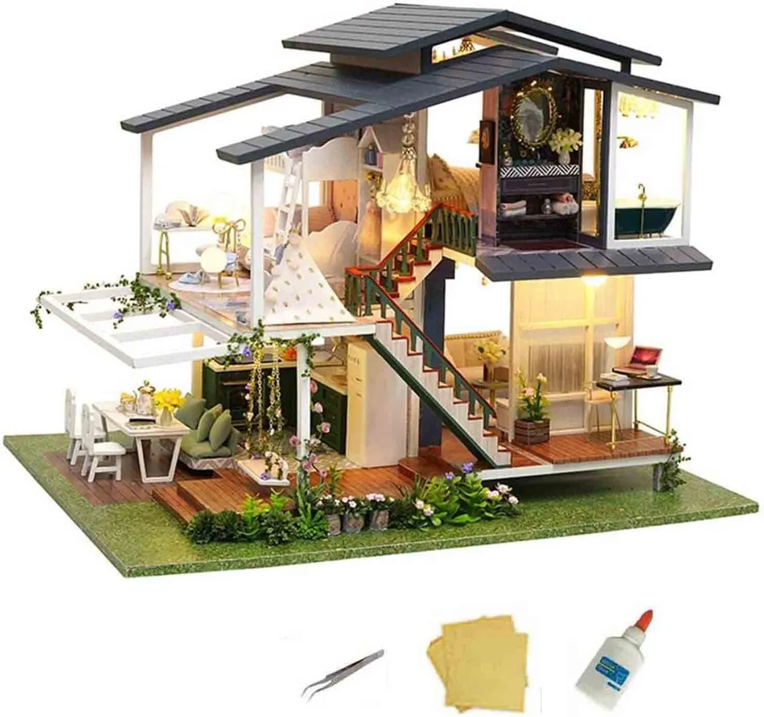 MAGQOO Dollhouse Miniature with Furniture, DIY Wooden Dollhouse Kit Plus Dust Proof, 1:24 Scale Creative Room Idea (Monet Garden)