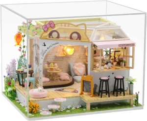 MAGQOO Dollhouse Miniature with Furniture DIY Wooden Dollhouse Kit Tiny House DIY House Kit Creative Room Idea Dust Proof Included (Cat Coffee Garden)
