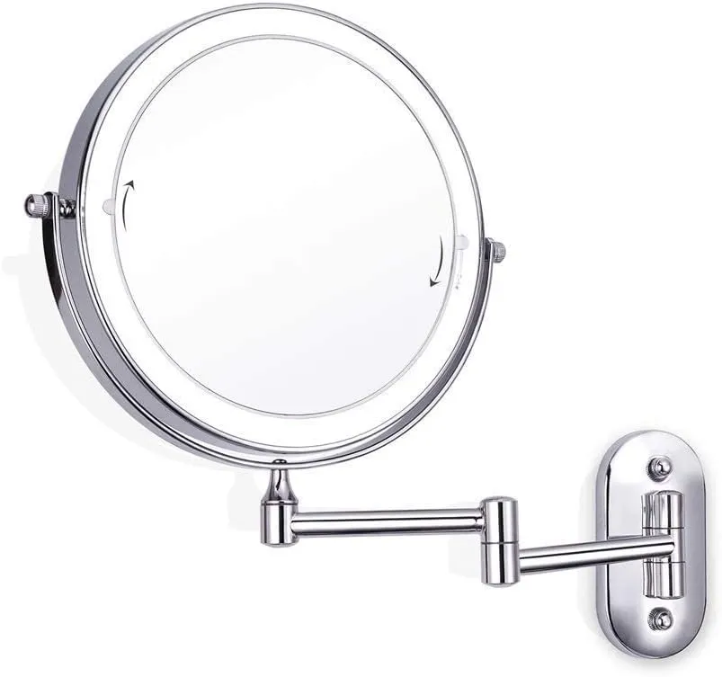 Makeup Mirror,Bathroom Vanity Mirrors Magnifying,Wall Mount Led Lighted 5X Magnifying Cosmetic Mirror 360° Swivel Extendable Two Sided Vanity Mirror for Bathroom, Wall-Mount (Rev