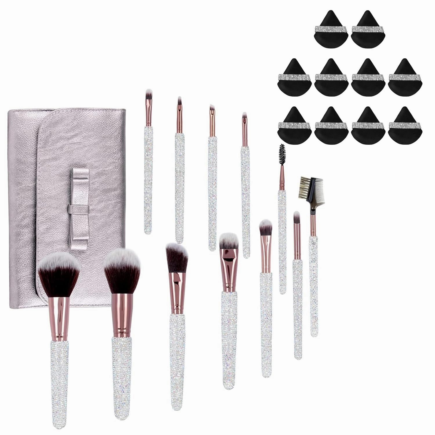 Makeup Brushes Bling Crystal Make Up Beauty Tool 12PCS & 10 Pieces Soft Face Powder Puff Triangle Makeup Puff Black