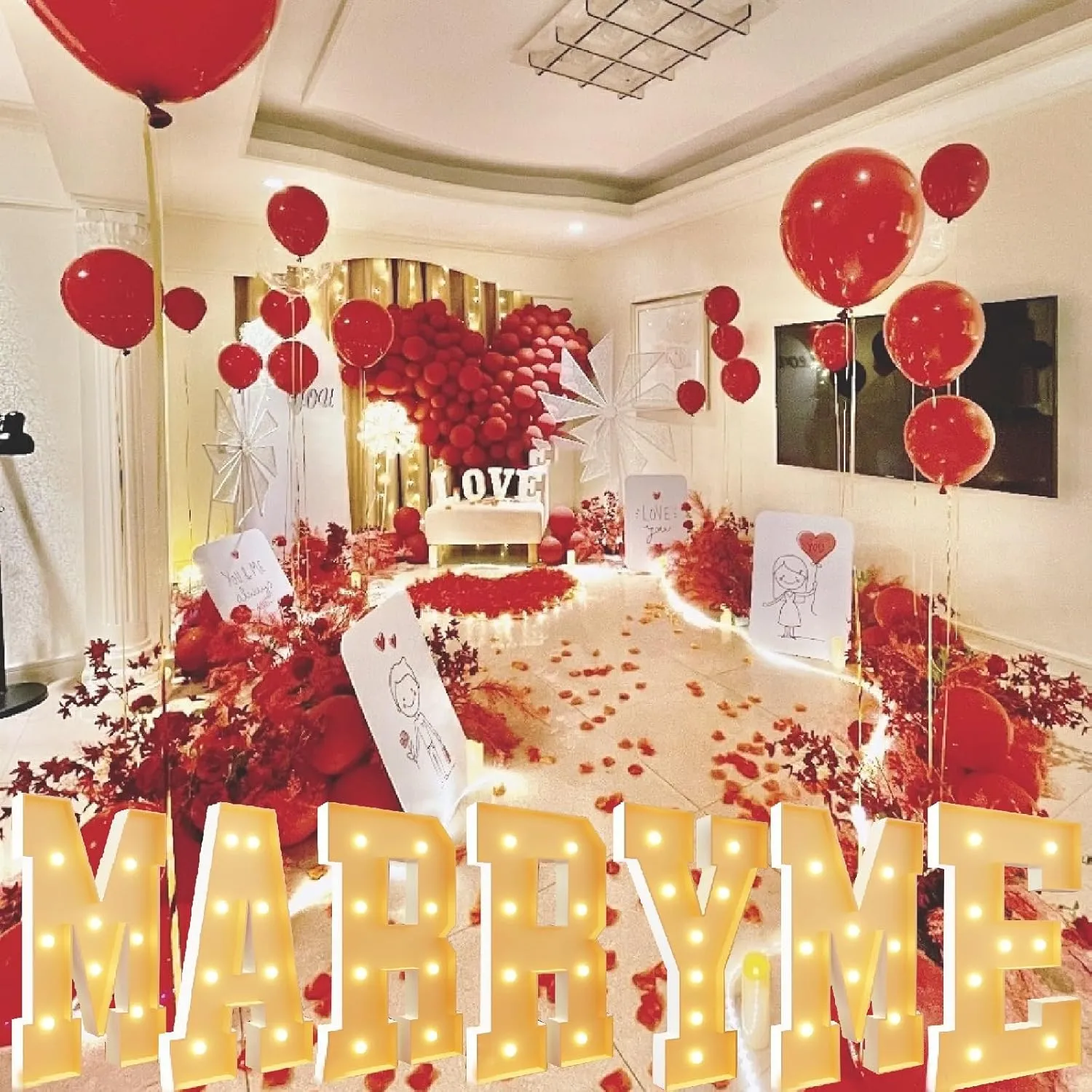 Marquee Letters Set,Warm White Light up Mosaic Letter Balloon Frame with LED Light Bulb for Valentine's Day Proposal Party Decoration(2.3FT/70CM)