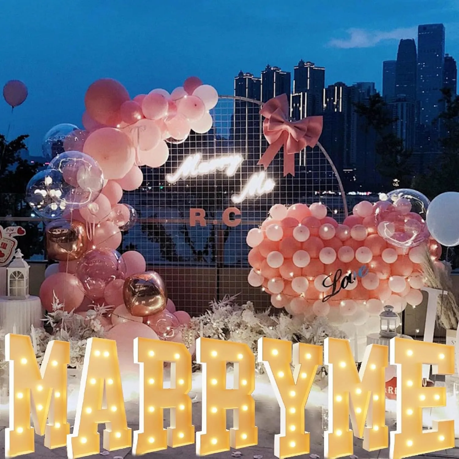 Marquee Letters Set,Warm White Light up Mosaic Letter Balloon Frame with LED Light Bulb for Valentine's Day Proposal Party Decoration(2.3FT/70CM)