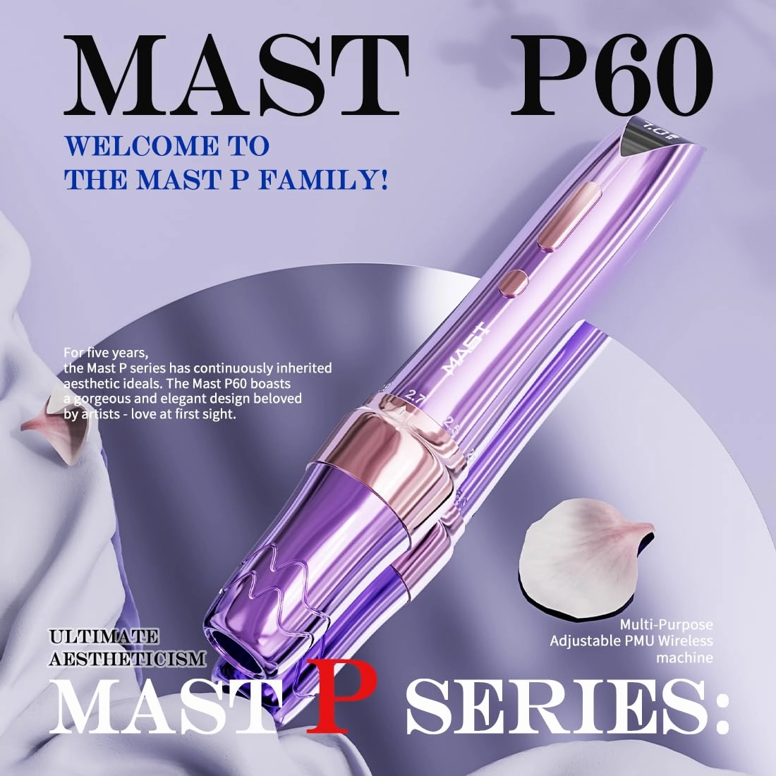 Mast P60 Tattoo Gun Wireless Tattoo Pen Machine, 5 Strokes Length 2.2mm - 3.2mm, 121g/4.2oz Lightweight, Pink Color for Pro Artists