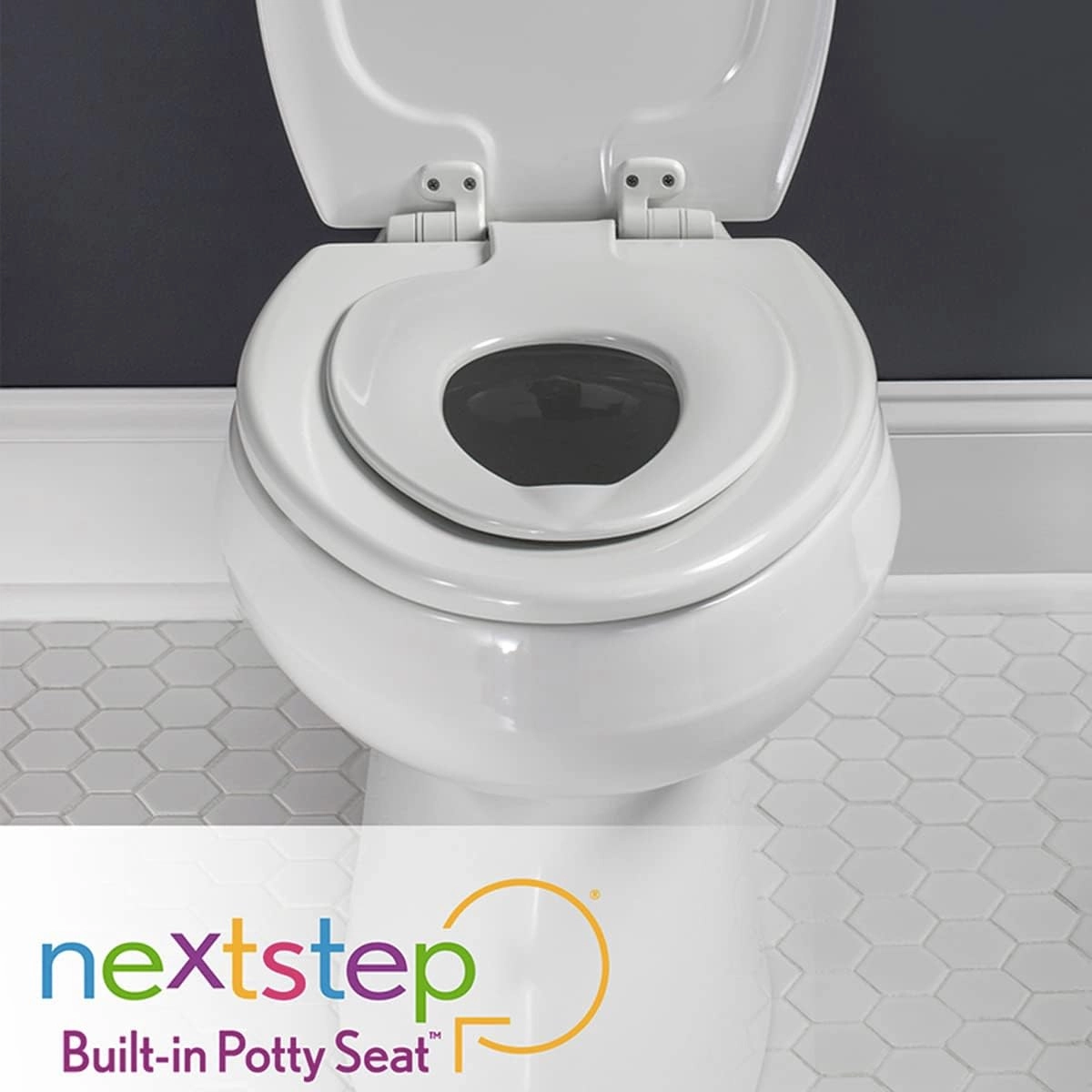 Mayfair NextStep2 Toilet Seat with Built-In Toddler Potty Training Seat, Slow Close, Easy Clean, Magnetic Removable Kids Seat, ELONGATED, Bone