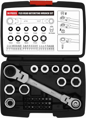 Mayouko 36PCS Flex Head Ratcheting Wrench Set, 72 Tooth Double Box End Wrench 8mm -19mm, 12-in-1 Wrench Set & 24-in-1 Screwdriver Set