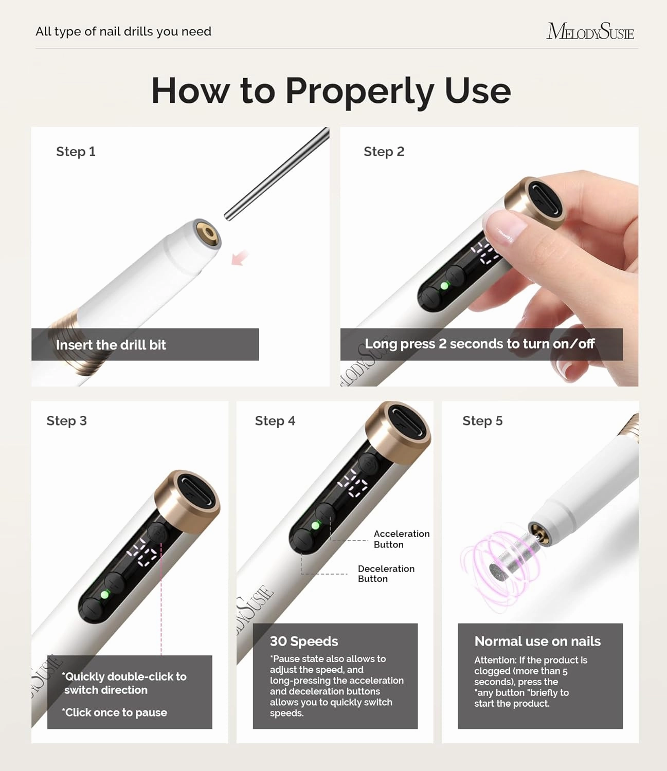 MelodySusie Portable Electric Nail Drill, Cordless 30000RPM Nail EFile with Drill Bits & Ultra Fine Sanding Bands for Manicure Pedicure, Professional Nail File Tool for Women, PM170F White