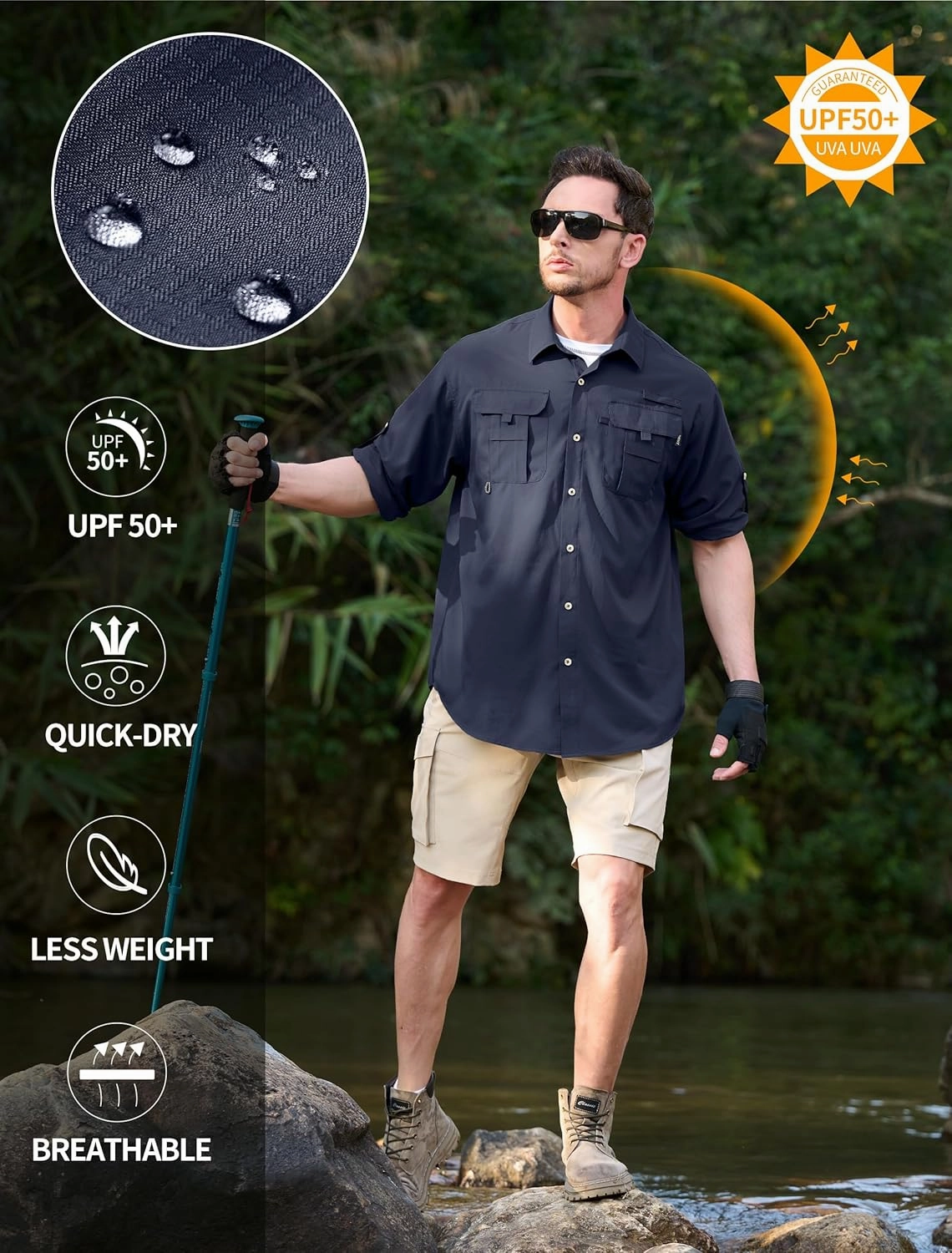 Men's Sun Protection Fishing Shirts Lightweight Long Sleeve UPF 50  Travel Work Hiking Shirts with Pockets