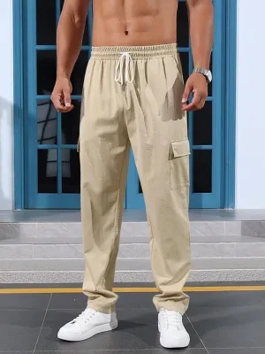 Mens Casual Cargo Pants Summer Vacation Lightweight Drawstring Pants Elastic Waist Beach Yoga Trousers with Pockets