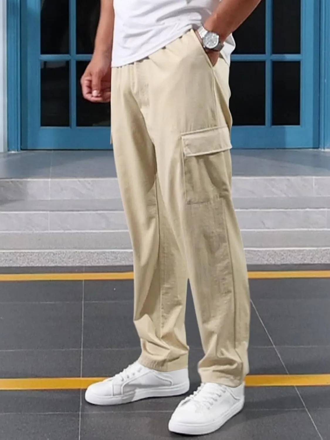 Mens Casual Cargo Pants Summer Vacation Lightweight Drawstring Pants Elastic Waist Beach Yoga Trousers with Pockets