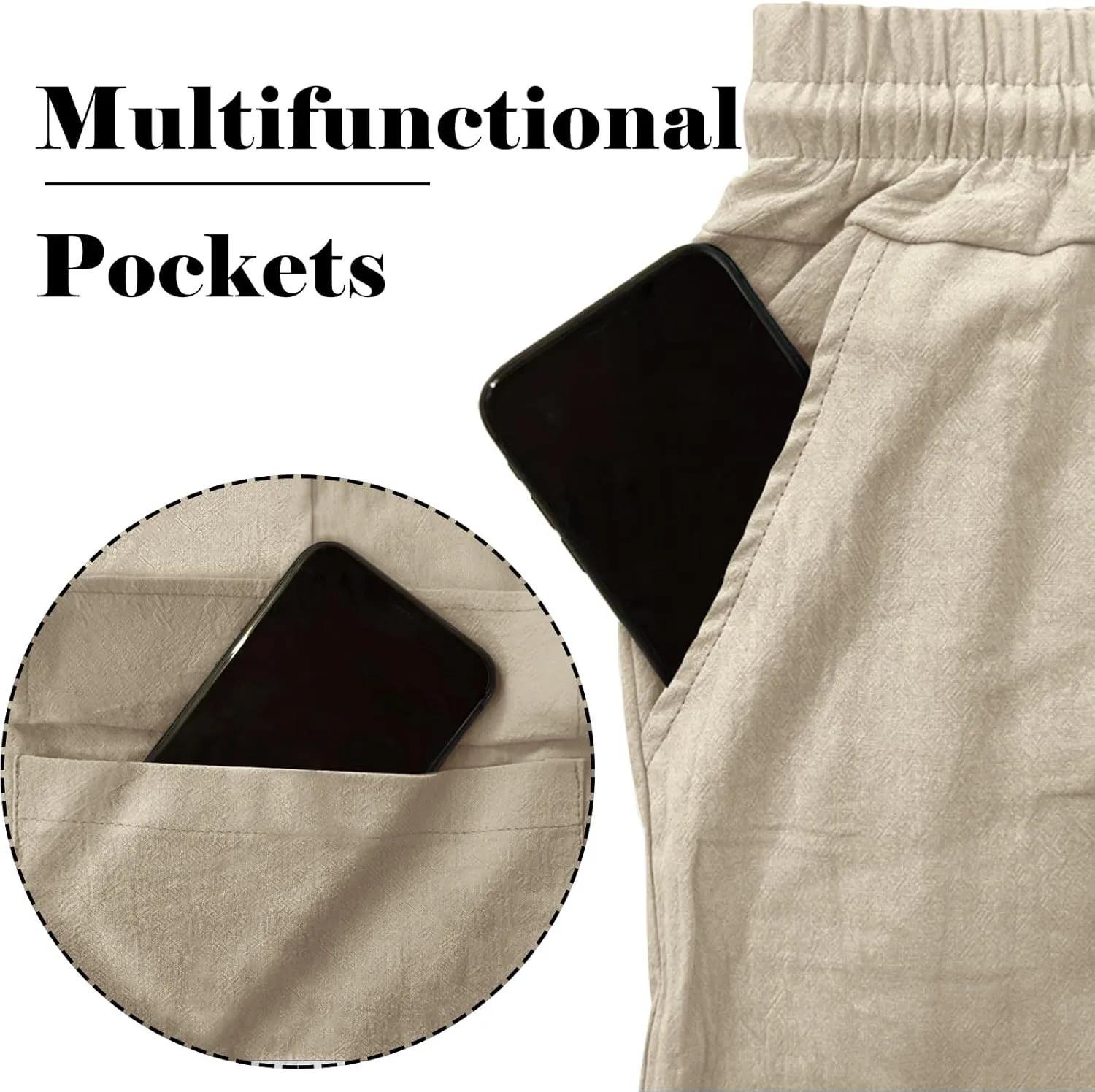 Mens Casual Cargo Pants Summer Vacation Lightweight Drawstring Pants Elastic Waist Beach Yoga Trousers with Pockets