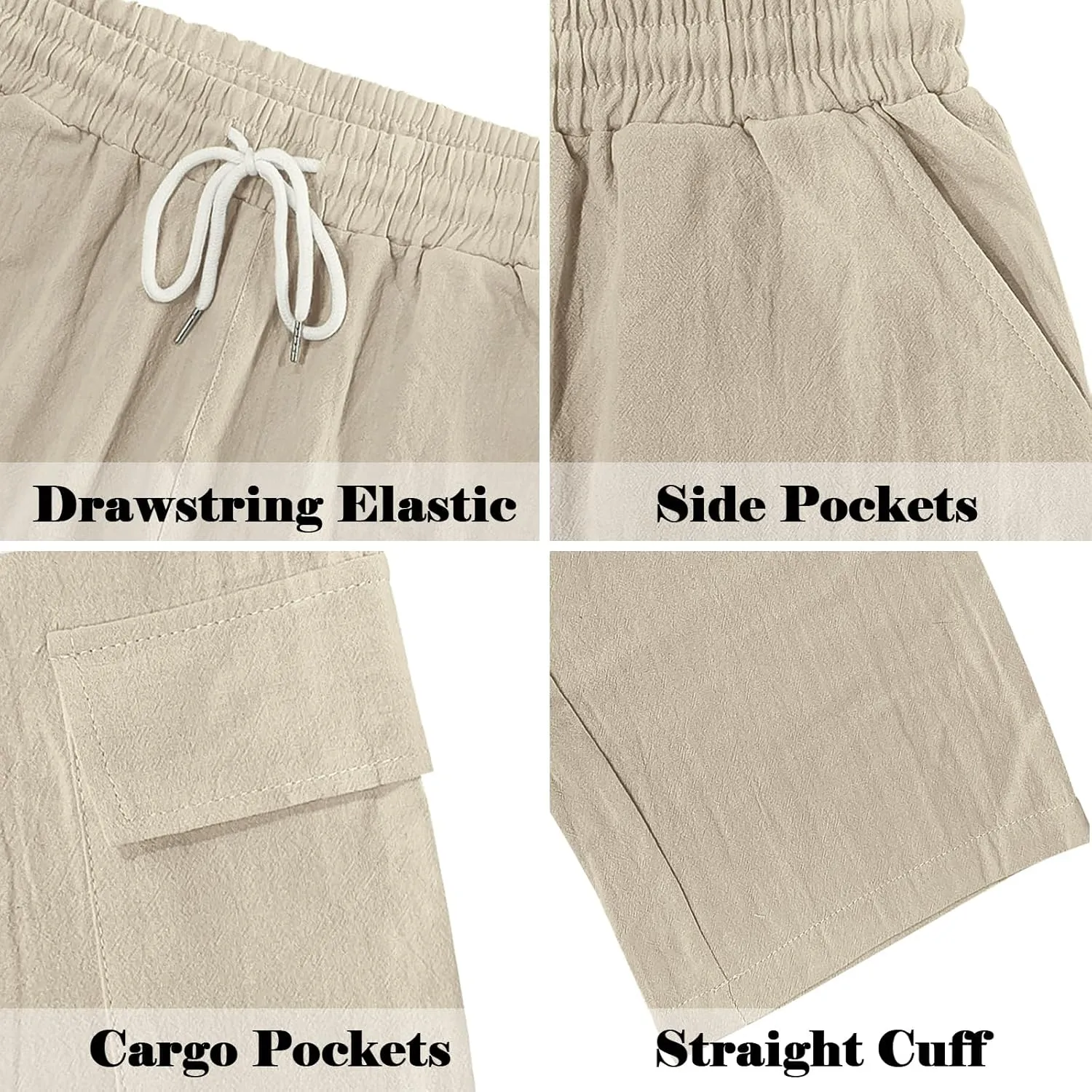 Mens Casual Cargo Pants Summer Vacation Lightweight Drawstring Pants Elastic Waist Beach Yoga Trousers with Pockets