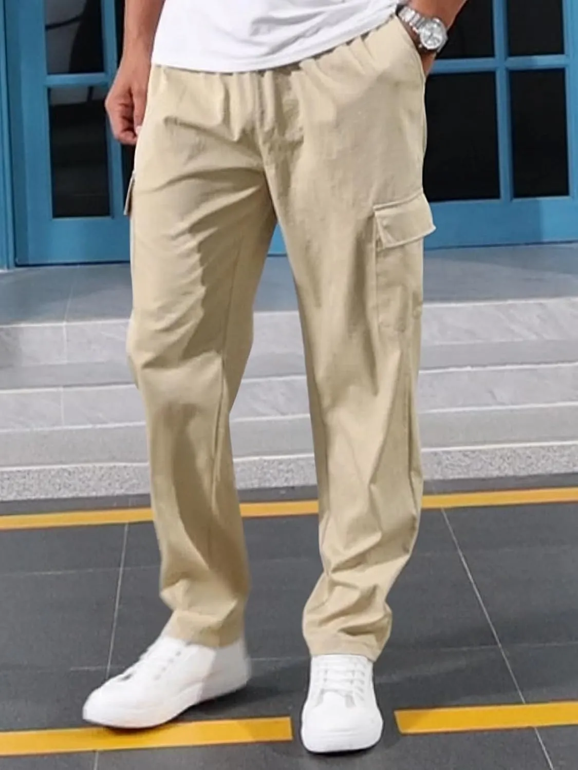 Mens Casual Cargo Pants Summer Vacation Lightweight Drawstring Pants Elastic Waist Beach Yoga Trousers with Pockets