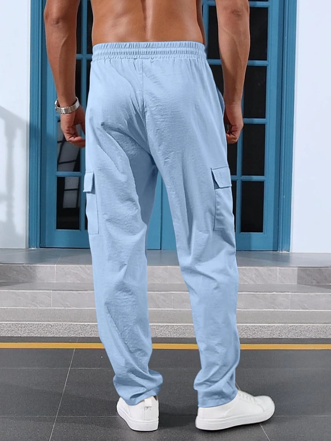 Mens Casual Cargo Pants Summer Vacation Lightweight Drawstring Pants Elastic Waist Beach Yoga Trousers with Pockets