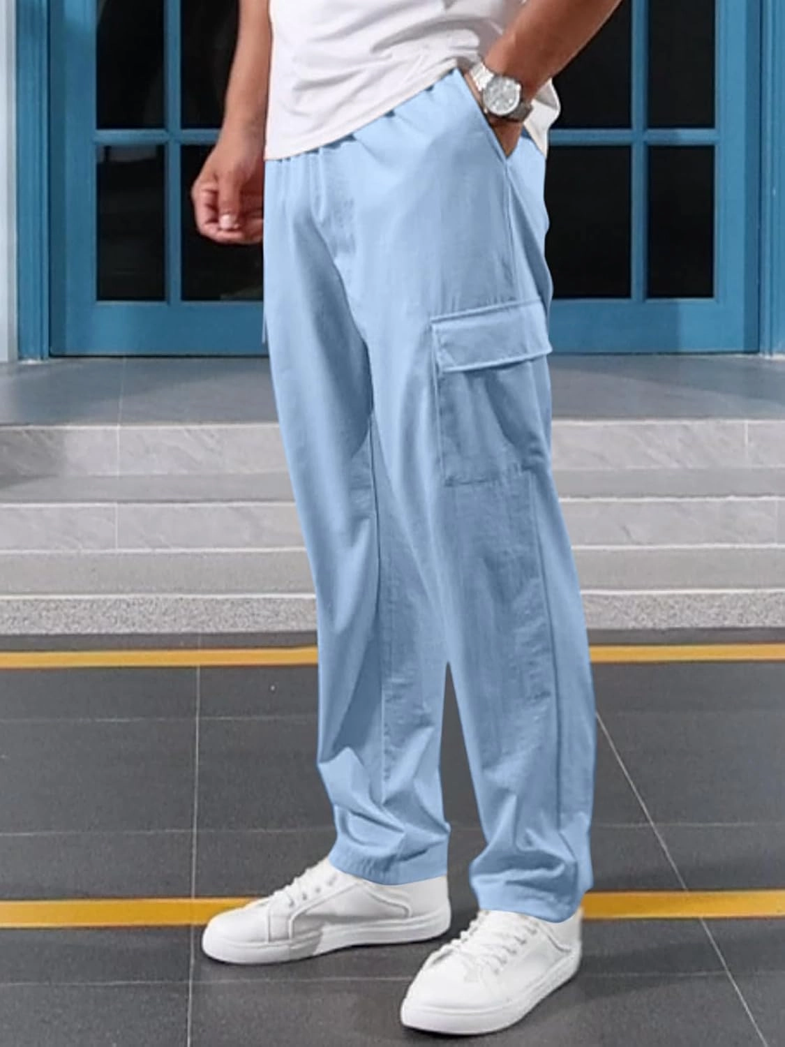 Mens Casual Cargo Pants Summer Vacation Lightweight Drawstring Pants Elastic Waist Beach Yoga Trousers with Pockets