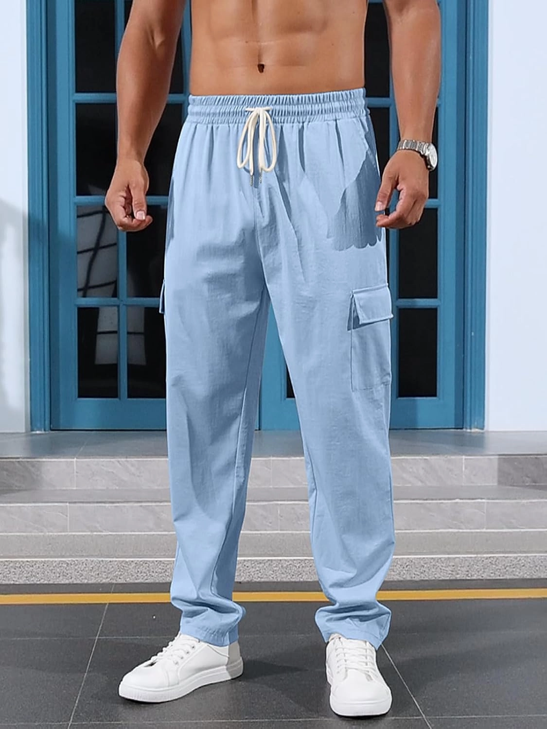Mens Casual Cargo Pants Summer Vacation Lightweight Drawstring Pants Elastic Waist Beach Yoga Trousers with Pockets