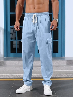 Mens Casual Cargo Pants Summer Vacation Lightweight Drawstring Pants Elastic Waist Beach Yoga Trousers with Pockets