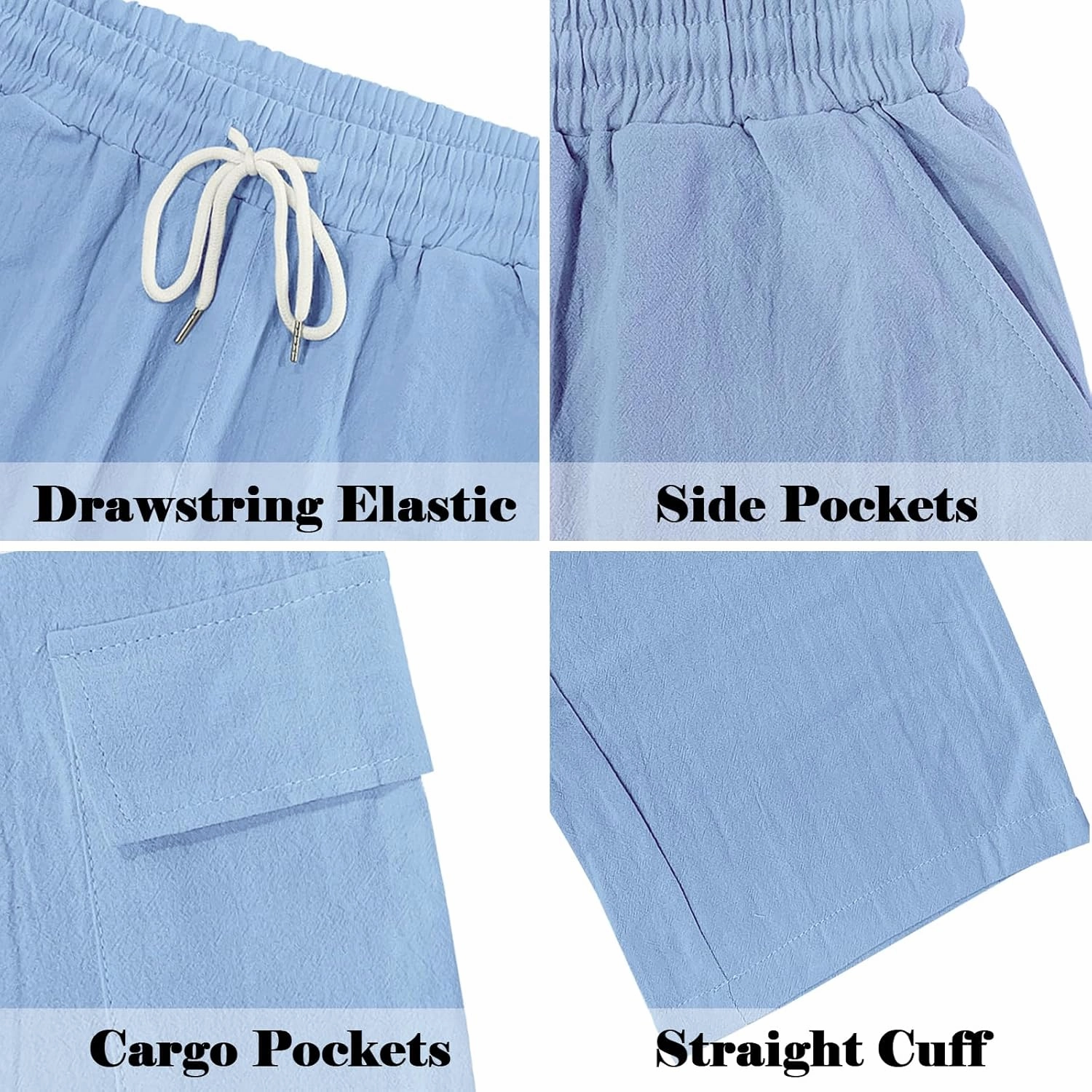 Mens Casual Cargo Pants Summer Vacation Lightweight Drawstring Pants Elastic Waist Beach Yoga Trousers with Pockets