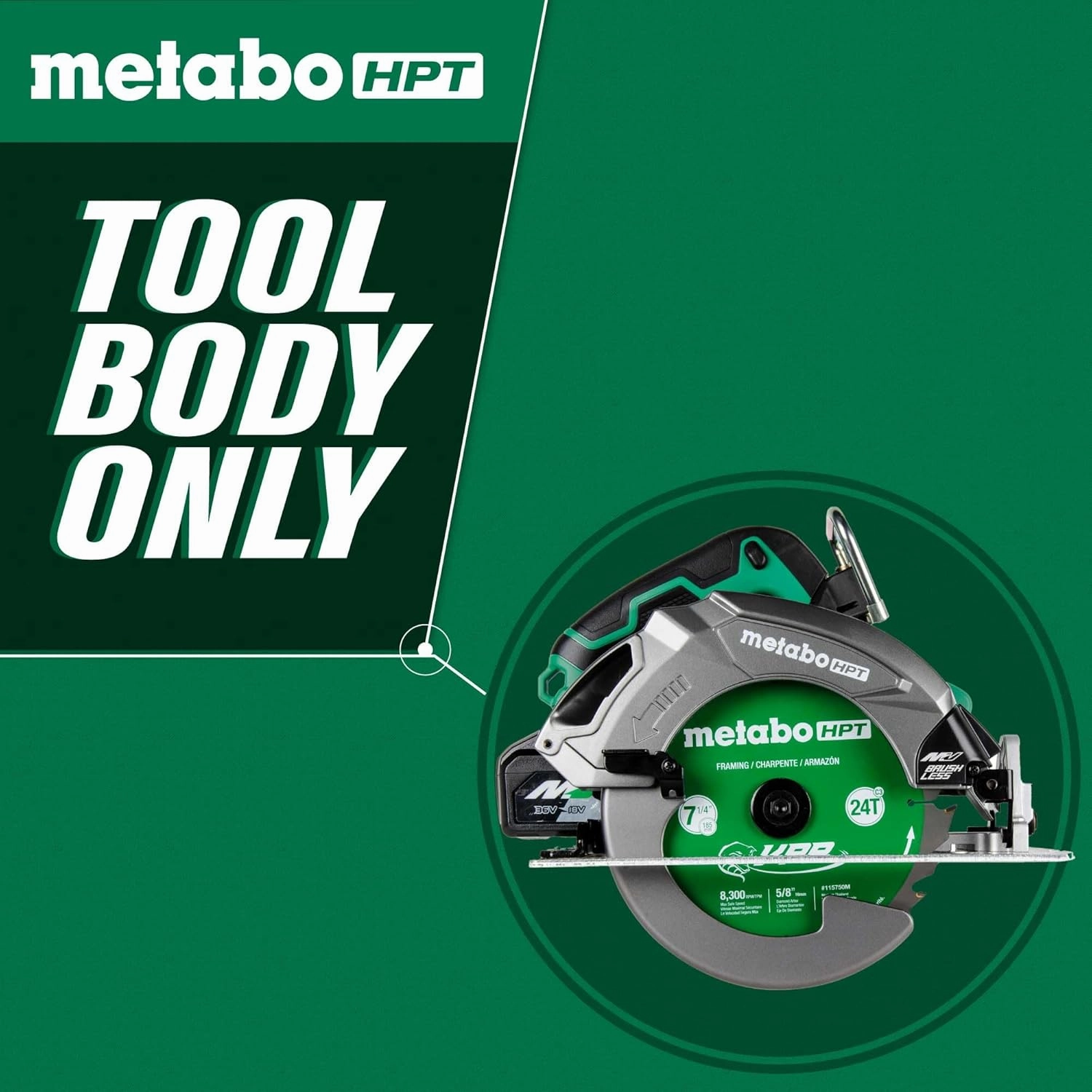 Metabo HPT 36V MultiVolt 7-1/4" Circular Saw, Torque Boost Technology, High Power and Torque, Visible Cutting Depth Indicator, Lightweight Aluminum Base Plate, Tool Body Only, C3607DBQ4