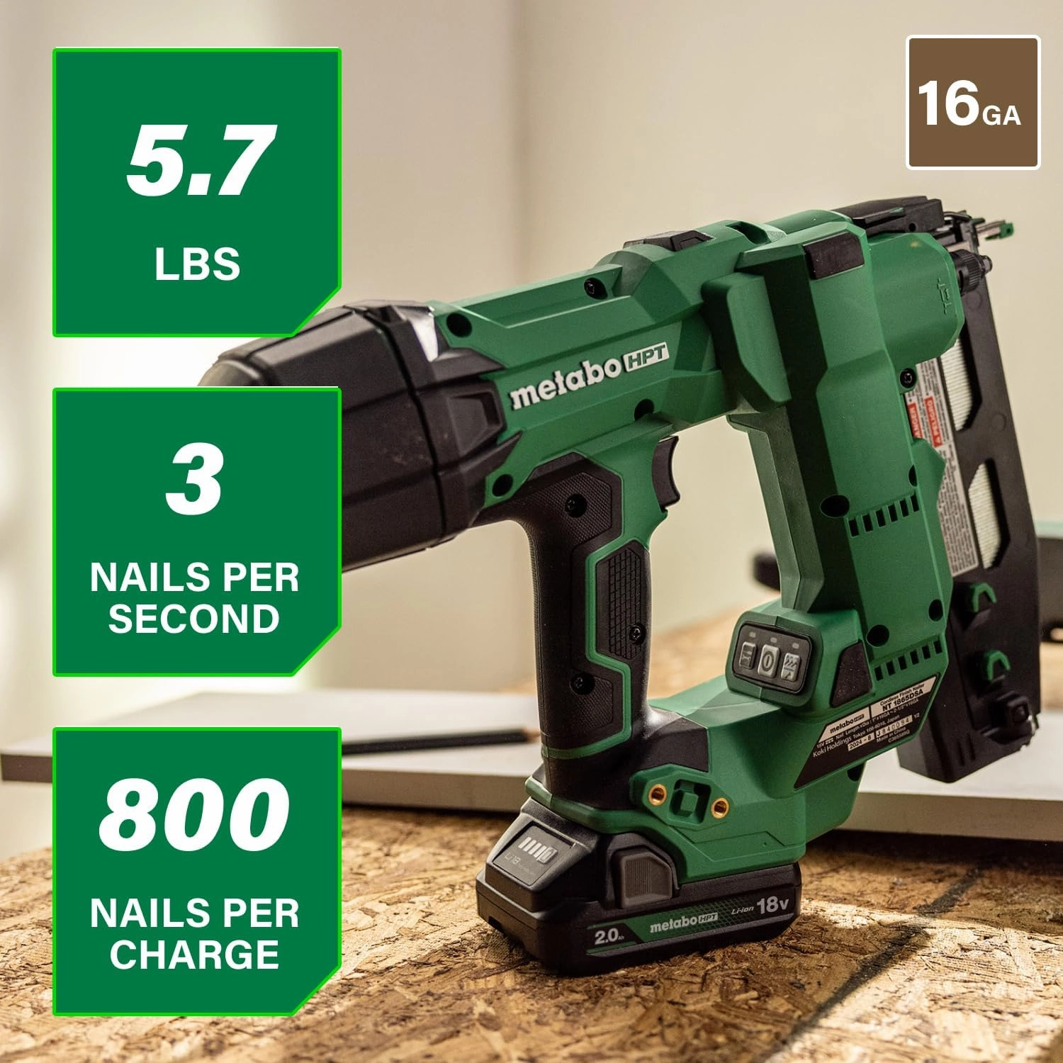 Metabo HPT Cordless Finish Nailer Kit, 18V MultiVolt™, 16 Gauge Straight, Brushless Motor, 800 Nails per Charge, Slim Nose Design, Increased Power, Includes Battery, Charger, & Carrying Bag, NT1865DSA