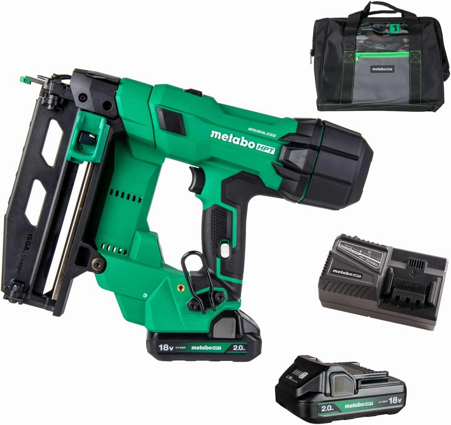 Metabo HPT Cordless Finish Nailer Kit, 18V MultiVolt™, 16 Gauge Straight, Brushless Motor, 800 Nails per Charge, Slim Nose Design, Increased Power, Includes Battery, Charger, & Carrying Bag, NT1865DSA