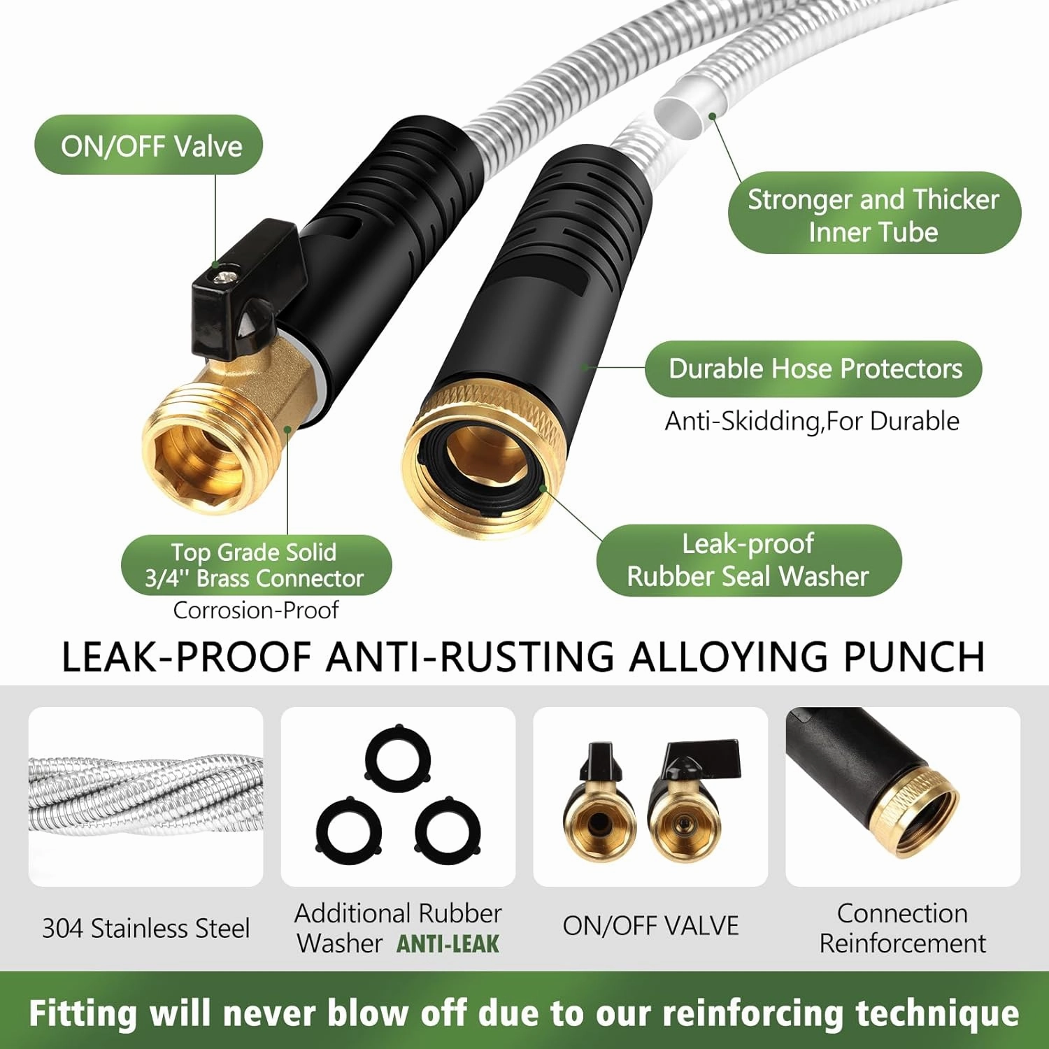 Metal Garden Hose 50 ft Stainless Steel Water Hose Heavy Duty Flexible Lightweight Durable Long No Kink Hoses Pipe with 10 Function Nozzle Strong 3/4’’ Solid Brass Fitting for Outdoor Yard