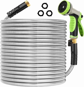 Metal Garden Hose 50 ft Stainless Steel Water Hose Heavy Duty Flexible Lightweight Durable Long No Kink Hoses Pipe with 10 Function Nozzle Strong 3/4’’ Solid Brass Fitting for Outdoor Yard