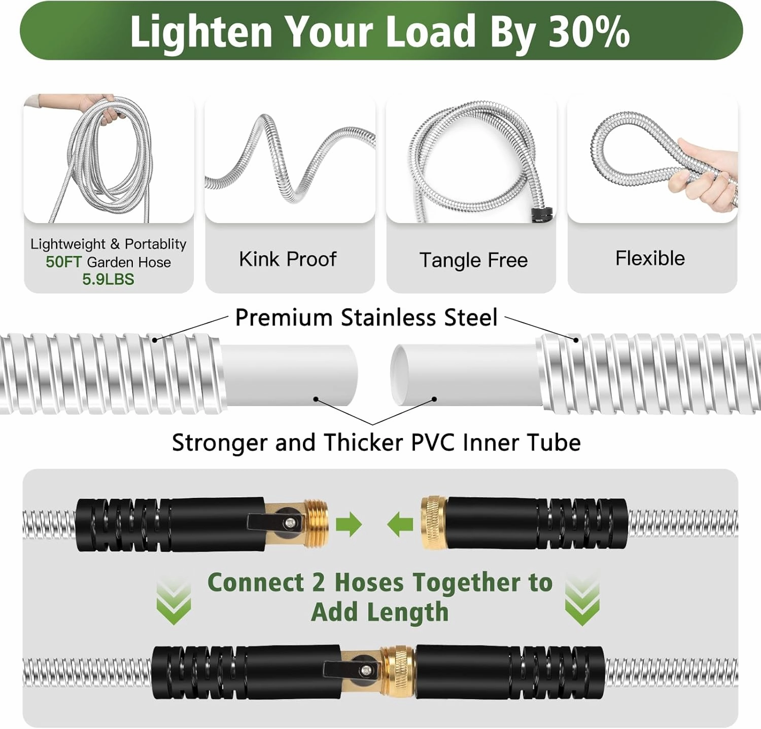 Metal Garden Hose 50 ft Stainless Steel Water Hose Heavy Duty Flexible Lightweight Durable Long No Kink Hoses Pipe with 10 Function Nozzle Strong 3/4’’ Solid Brass Fitting for Outdoor Yard