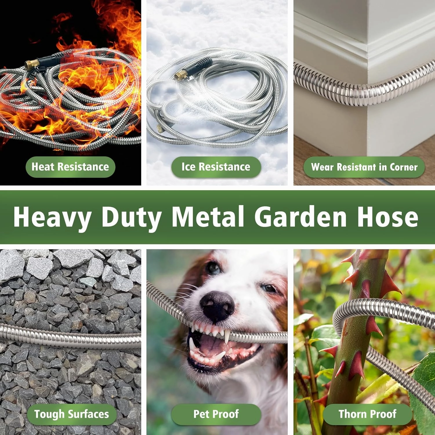 Metal Garden Hose 50 ft Stainless Steel Water Hose Heavy Duty Flexible Lightweight Durable Long No Kink Hoses Pipe with 10 Function Nozzle Strong 3/4’’ Solid Brass Fitting for Outdoor Yard