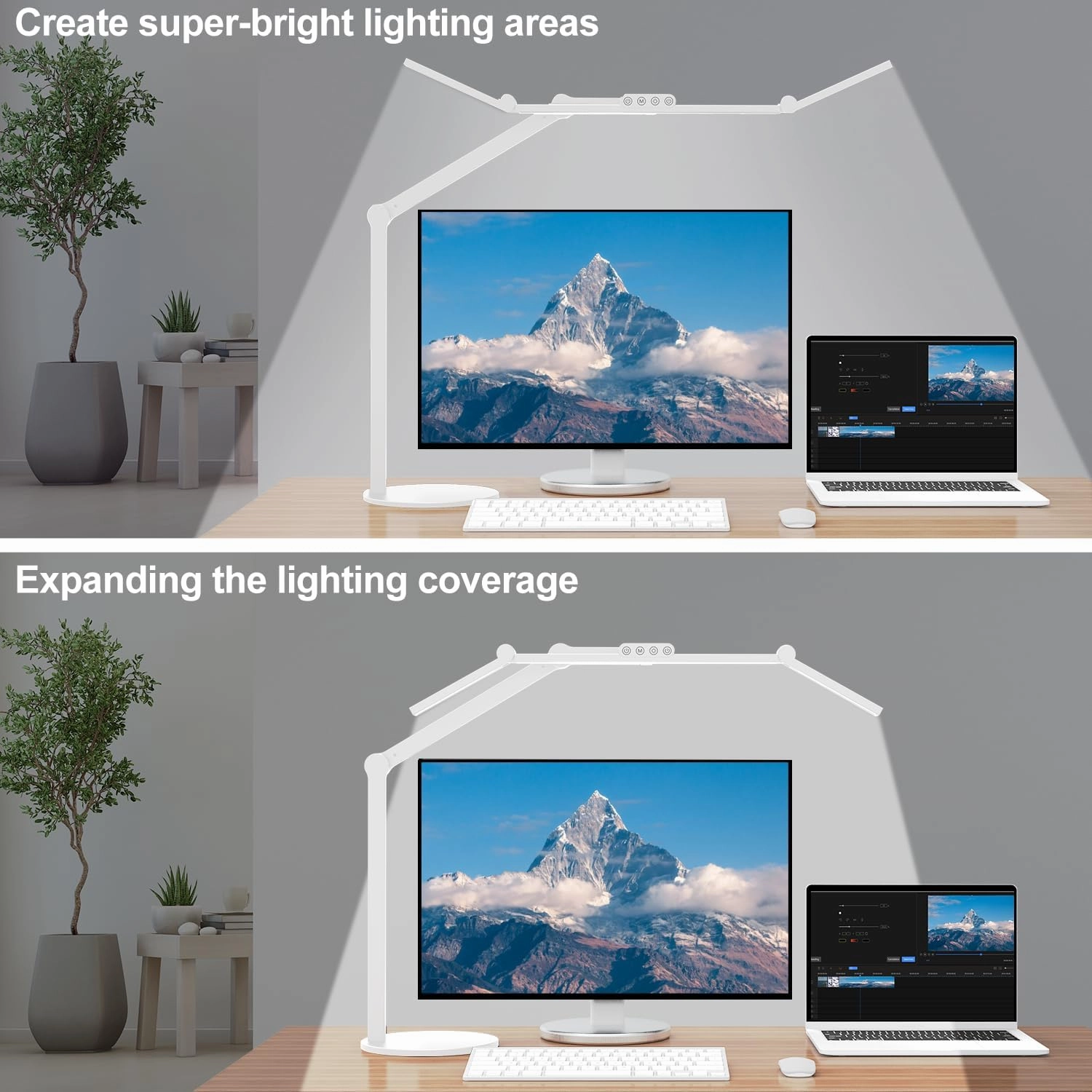 Micomlan Led Desk Lamp with Atmosphere Lighting, Rotatable Tall Architect Desk Lamp for Home Office with Swing Arm, 24W Bright Auto Dimming Adjustable Computer Light with Base for Table