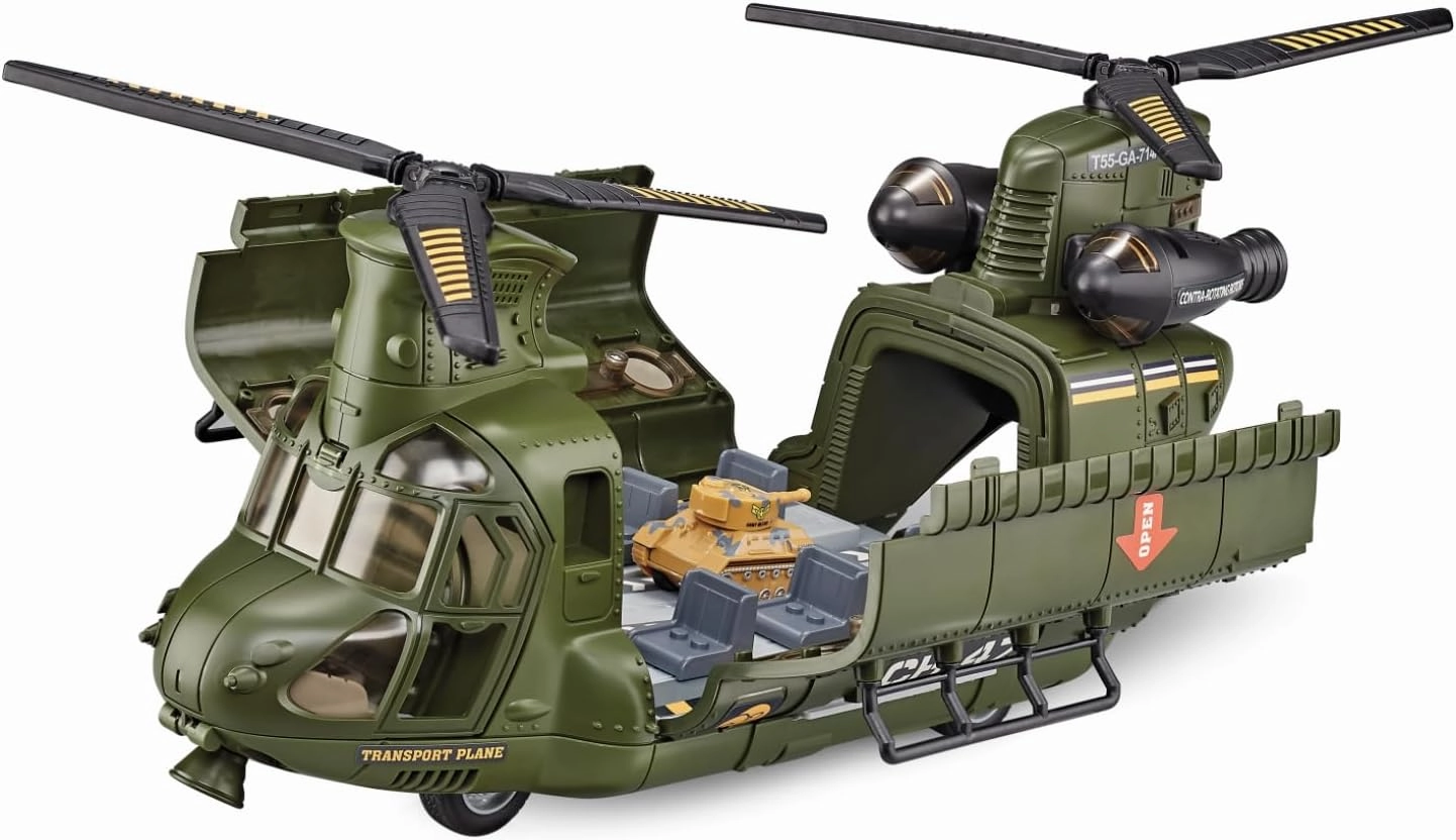 Military Helicopter Toys Set with Light, Sound - Friction Powered Helicopter Toy with Army Tanks, Pull Back Airplanes, Christmas Birthday Party Gifts for Kids Boys