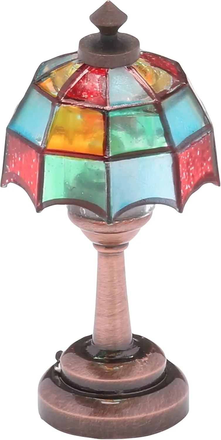 Mini Dollhouse Table Accent Tiffany lamp, LED Miniature Lighting for Dolls House Decor, Functional Light Accessories