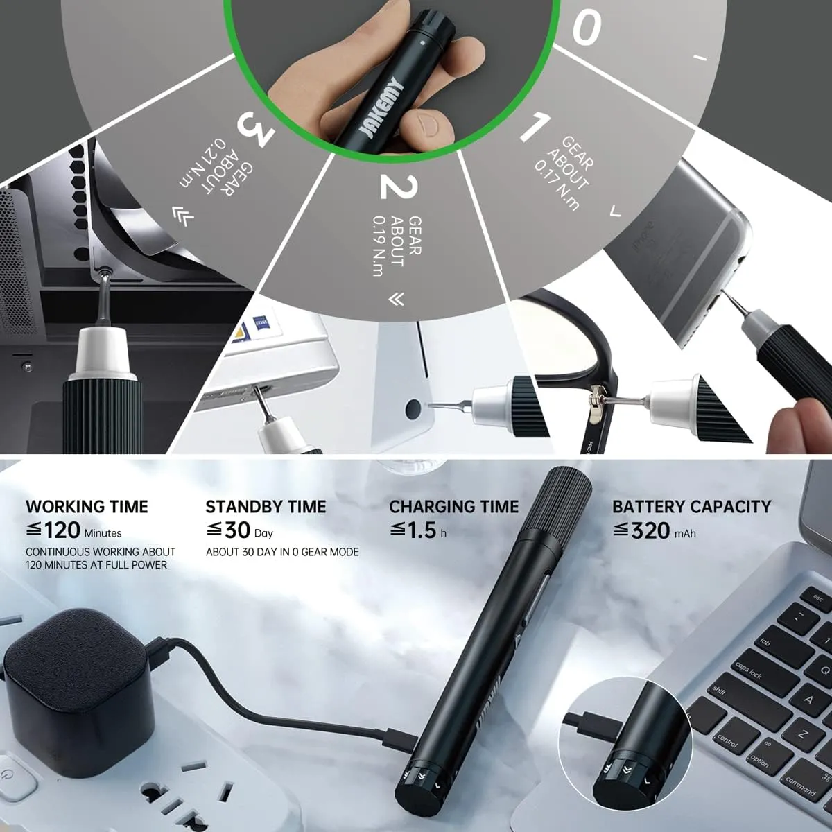 Mini Electric Screwdriver,JAKEMY Adjustable Torque Power Screwdriver Dual-mode Cordless Magnetic Precision Torx Screwdriver Bit Repair Tool kit USB Rechargeable with LED light for Electronics Consoles