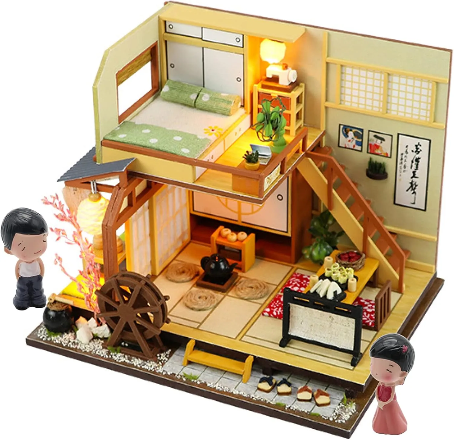 Mini Wooden Dollhouse Beginner Simple DIY Assembling House Miniature Crafts Toys Gift for Children Teens, with Dust Proof Couple Doll