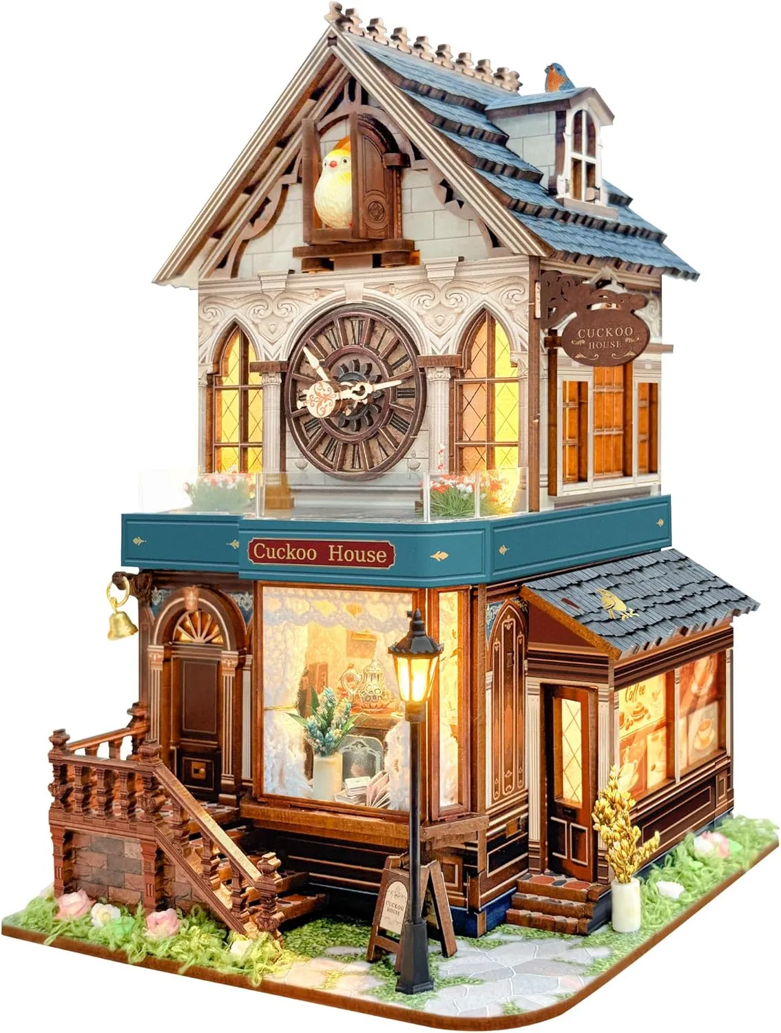 Miniature House Kit- Tiny House Kit DIY Wooden Dollhouse Kit for Adults Teen 3D Book Nook Bookshelf Decoration Craft Mini Model Kit with 3-Mode Touch Switch- Cuckoo House (SQ-61)