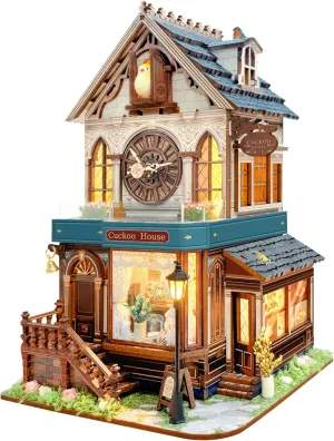 Miniature House Kit- Tiny House Kit DIY Wooden Dollhouse Kit for Adults Teen 3D Book Nook Bookshelf Decoration Craft Mini Model Kit with 3-Mode Touch Switch- Cuckoo House (SQ-61)