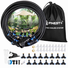 Misting Cooling System 33FT(10M) Extra 16.4FT(5m),15 T-Joints 17 Misting Nozzles,Anti-UV Tube,a Adapter(3/4"),A Storage Bag,Outdoor Misting Cooling System Garden Greenhouse Courtyard Trampoline