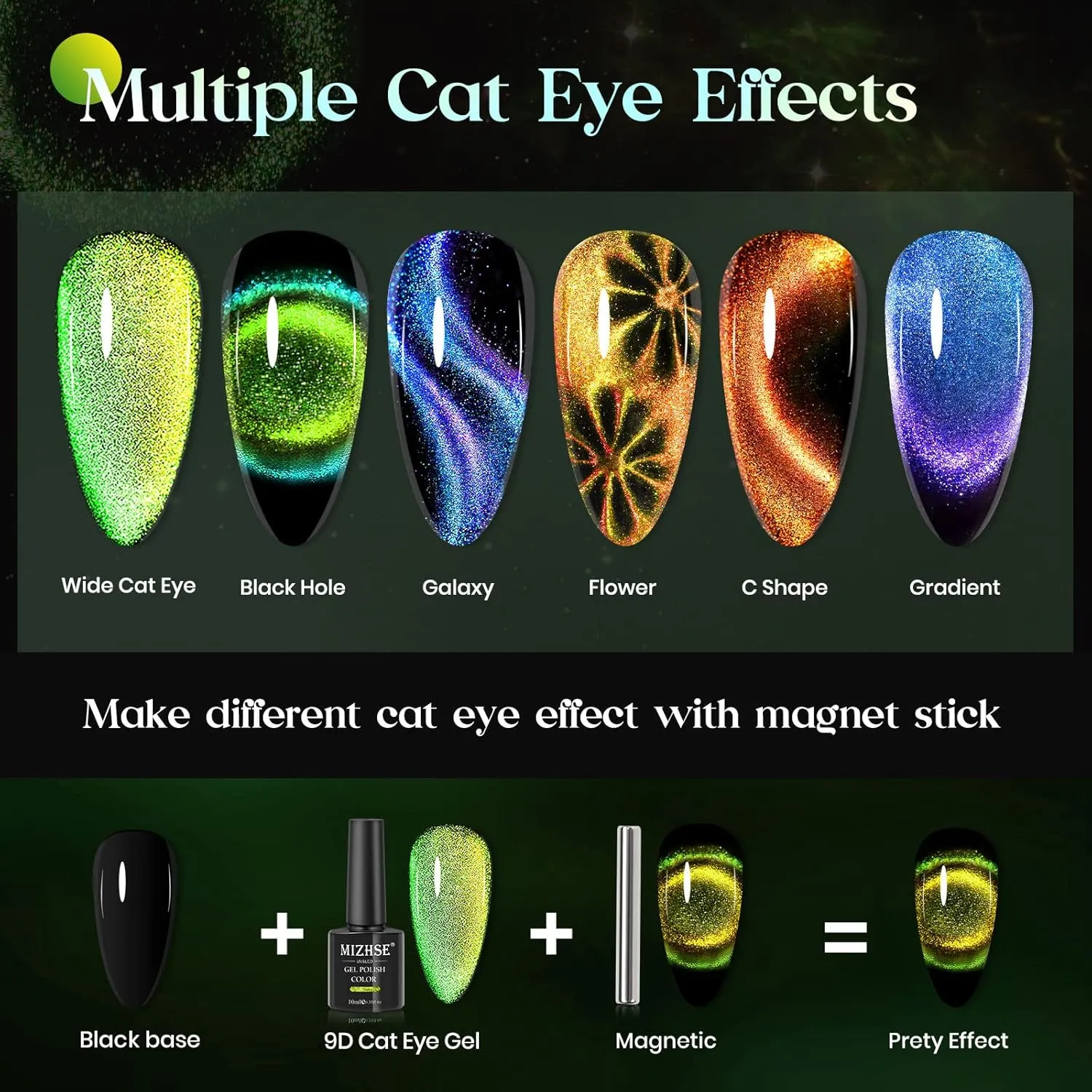 MIZHSE 9D Cat Eye Gel Nail Polish, Magnetic Gel Polish Set 10 ml 6 Colors with 2 Magnets, Chameleon Magic Galaxy Effect Nail Polish, Yellow Brown Fall Colors Soak Off Nail Art Gift for Ladies