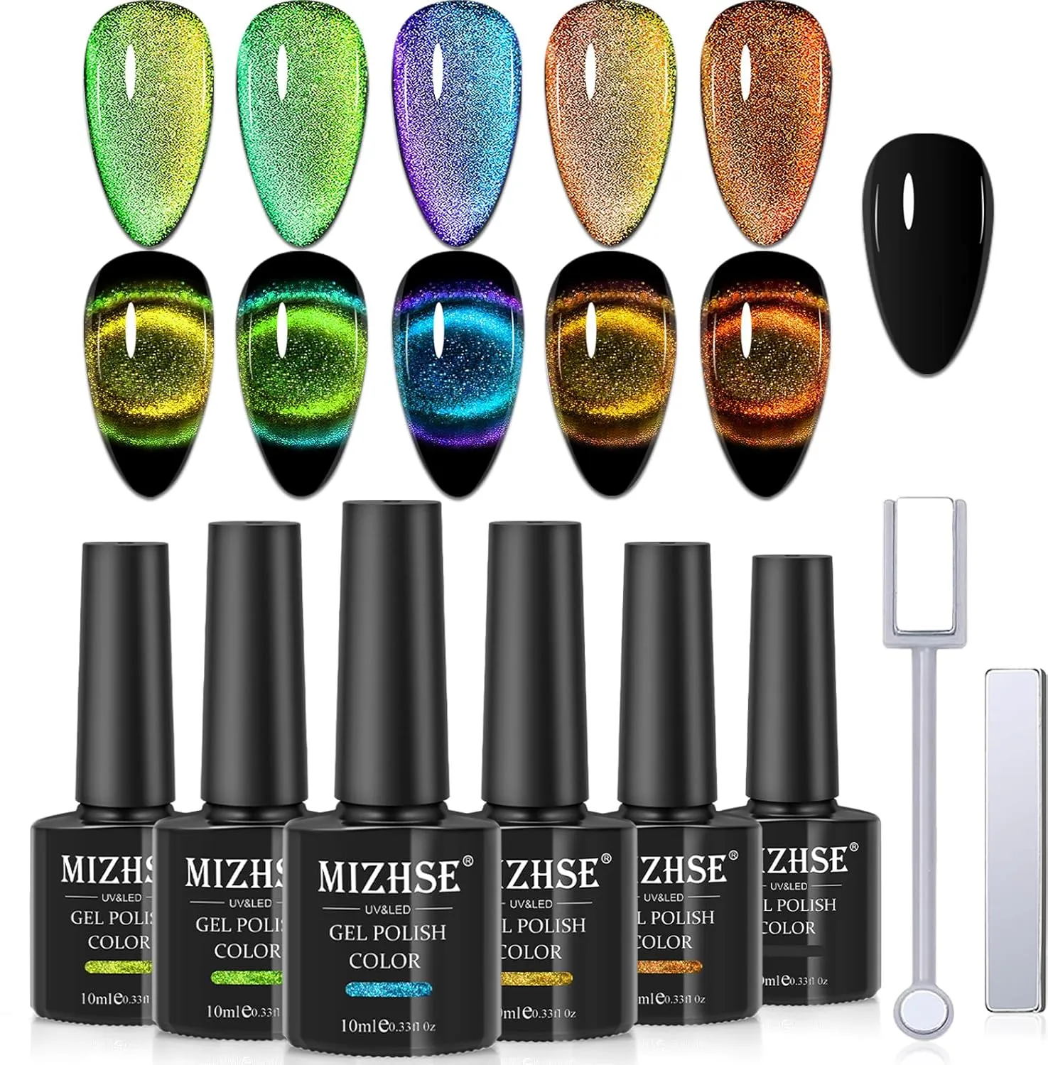 MIZHSE 9D Cat Eye Gel Nail Polish, Magnetic Gel Polish Set 10 ml 6 Colors with 2 Magnets, Chameleon Magic Galaxy Effect Nail Polish, Yellow Brown Fall Colors Soak Off Nail Art Gift for Ladies