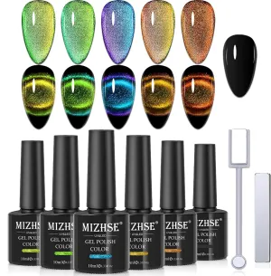 MIZHSE 9D Cat Eye Gel Nail Polish, Magnetic Gel Polish Set 10 ml 6 Colors with 2 Magnets, Chameleon Magic Galaxy Effect Nail Polish, Yellow Brown Fall Colors Soak Off Nail Art Gift for Ladies