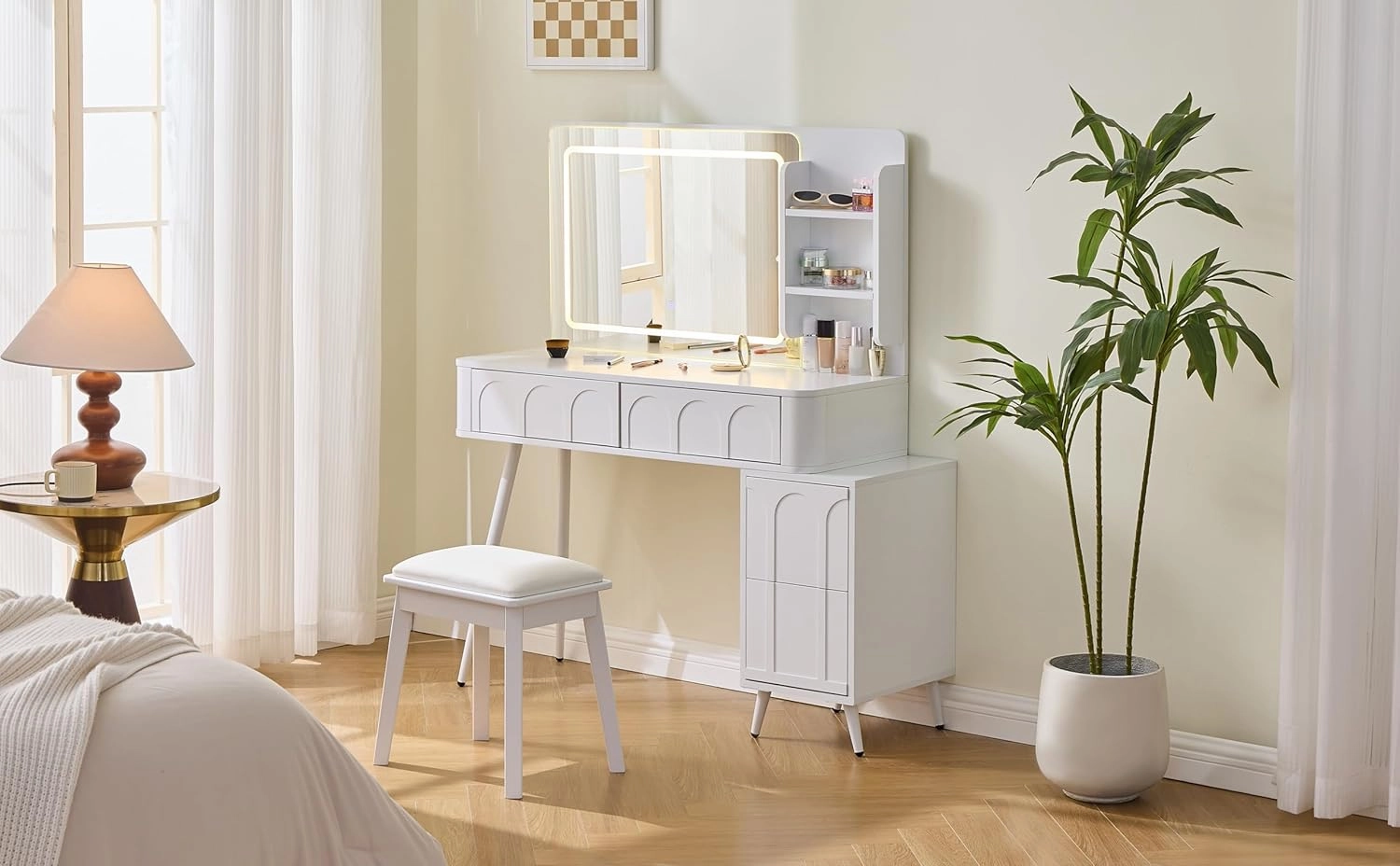 Modern Makeup Vanity Desk with LED Lights & Mirror, Vanity Table Set with PU Stool and 4 Drawers, 3 Colors Brightness Adjustable Lights Mirror for Women, White