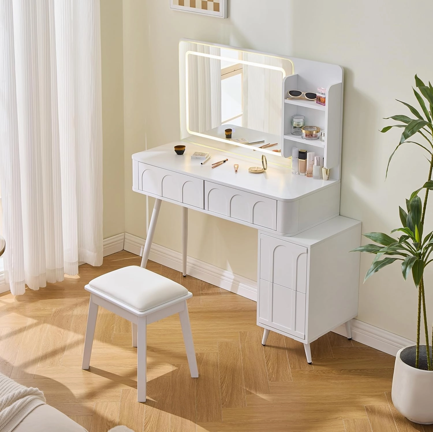 Modern Makeup Vanity Desk with LED Lights & Mirror, Vanity Table Set with PU Stool and 4 Drawers, 3 Colors Brightness Adjustable Lights Mirror for Women, White