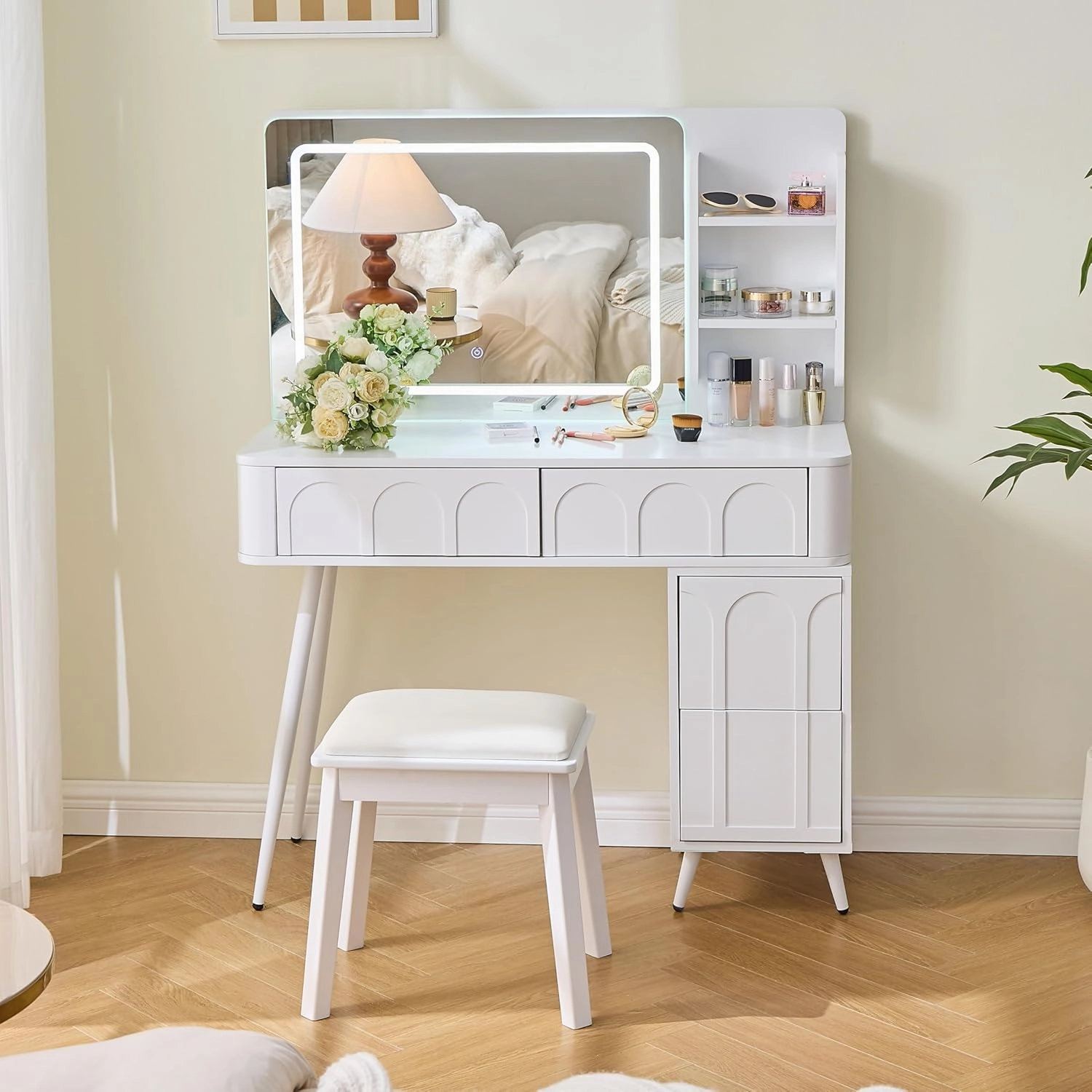 Modern Makeup Vanity Desk with LED Lights & Mirror, Vanity Table Set with PU Stool and 4 Drawers, 3 Colors Brightness Adjustable Lights Mirror for Women, White