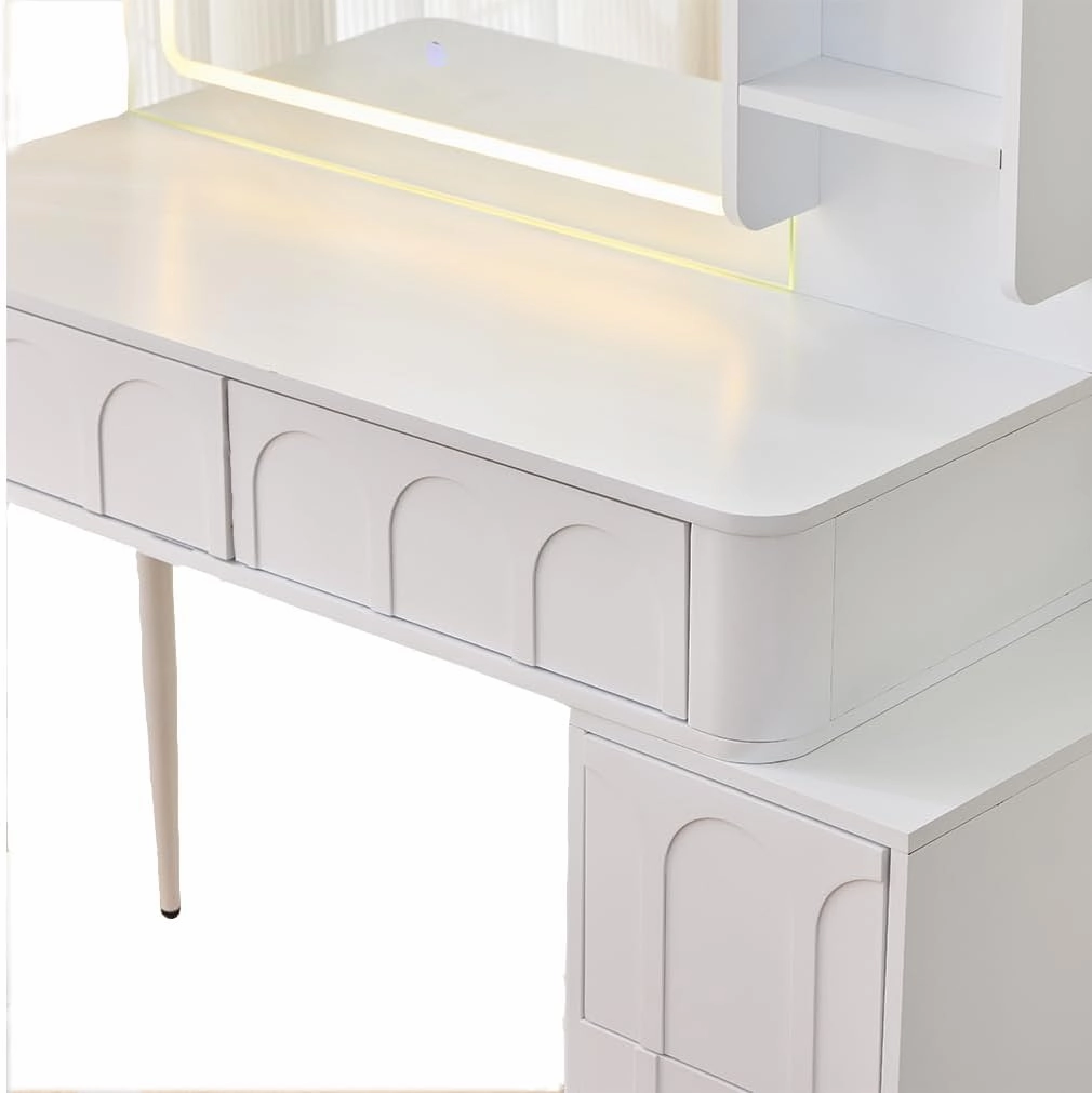 Modern Makeup Vanity Desk with LED Lights & Mirror, Vanity Table Set with PU Stool and 4 Drawers, 3 Colors Brightness Adjustable Lights Mirror for Women, White