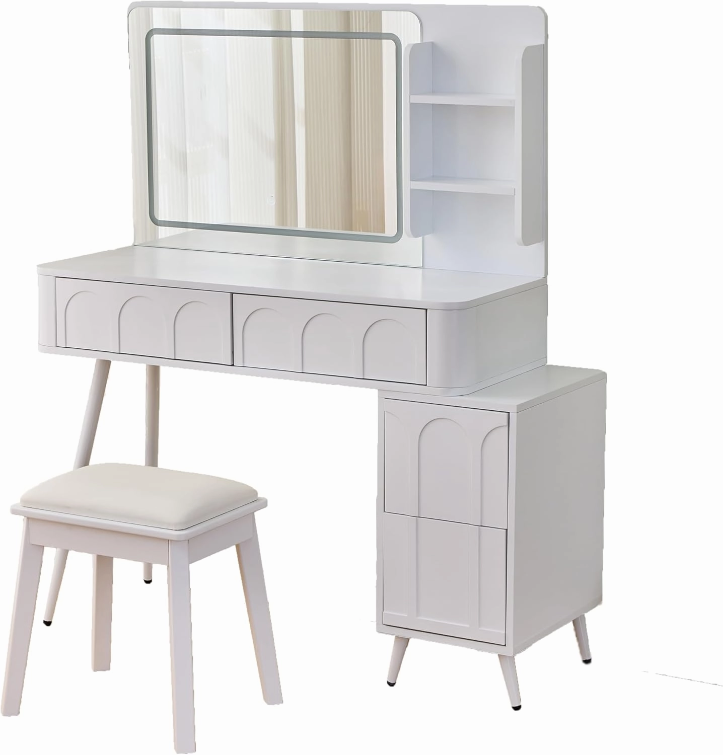 Modern Makeup Vanity Desk with LED Lights & Mirror, Vanity Table Set with PU Stool and 4 Drawers, 3 Colors Brightness Adjustable Lights Mirror for Women, White