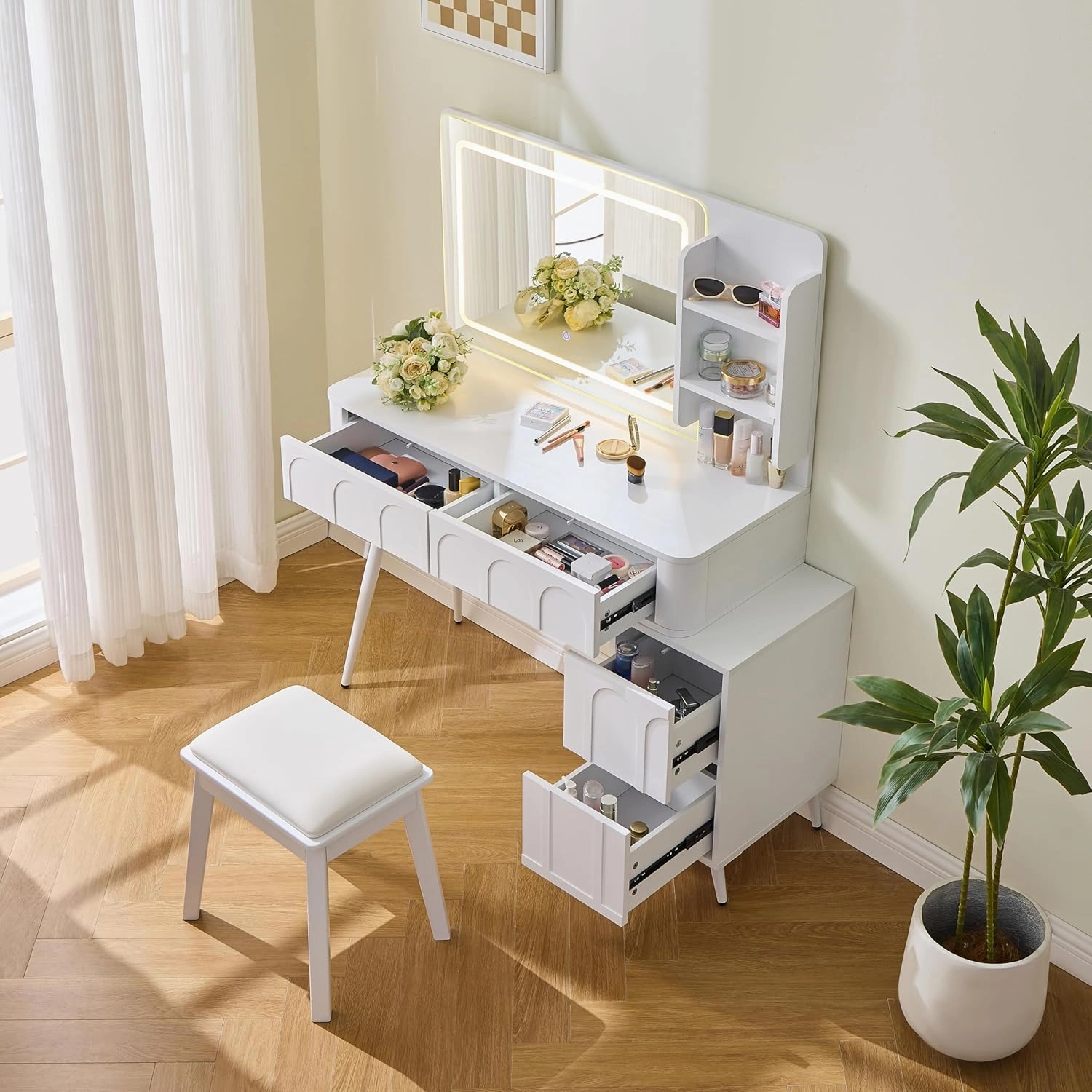 Modern Makeup Vanity Desk with LED Lights & Mirror, Vanity Table Set with PU Stool and 4 Drawers, 3 Colors Brightness Adjustable Lights Mirror for Women, White