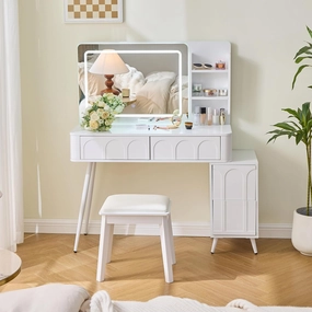 Modern Makeup Vanity Desk with LED Lights & Mirror, Vanity Table Set with PU Stool and 4 Drawers, 3 Colors Brightness Adjustable Lights Mirror for Women, White