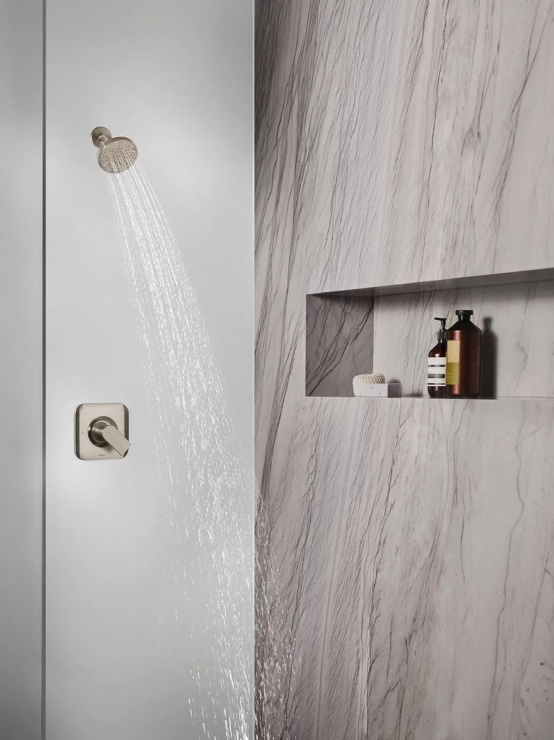 Moen Genta LX Brushed Nickel Pressure Balancing Eco-Performance Modern Shower Trim Including Showerhead, Shower Handle, and Tub Spout (Posi-Temp Valve Required), T2473EPBN